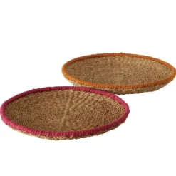 Plateau en jute naturelle à bord coloré Colada grand modèle - Ø 51 x H 55 cm