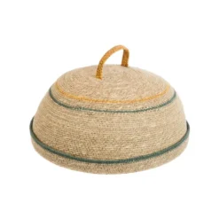 Plateau rond en bois avec cloche en osier naturel à lignes verte et jaune - Ø 30 x 13 cm