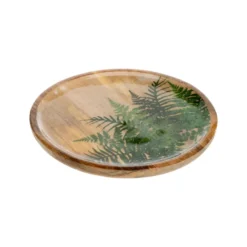 Plateau rond en bois de manguier avec décor fougères vert - Ø 30 cm