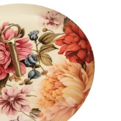 Plateau rond fleuri multicolore avec poignée en métal - Ø 26 x H 6 cm