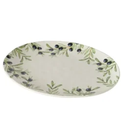 Plat en poterie blanc à motif noir et vert Olivia - 39 x 31 x 3 cm