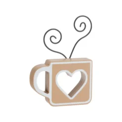Porte-photos en bois orange forme tasse avec cœur et métal noir - 12 x 3 x 17,5 cm