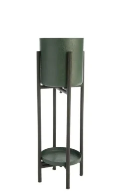 Porte plante double rond coloris vert en métal - 23 x 23 x 72 cm