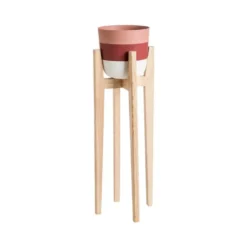 Porte-plante rond terracotta/bordeaux/crème sur pied en bois de frêne haut - 25 x 25 x 76,5 cm