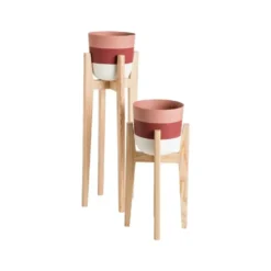 Porte-plante rond terracotta/bordeaux/crème sur pied en bois de frêne haut - 25 x 25 x 76,5 cm