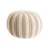 Pouf rond tricoté main rayé en coton et jute beige et blanc - Ø 50 x H 35 cm