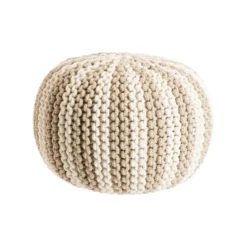 Pouf rond tricoté main rayé en coton et jute beige et blanc - Ø 50 x H 35 cm