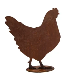 Poule décorative coloris marron en métal rouillé - 34 x 39 cm