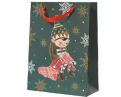 Sac cadeau en papier métallisé vert décor elfe grand modèle - 12 x 30 x 42 cm
