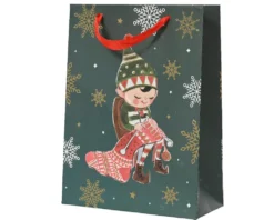 Sac cadeau en papier métallisé vert décor elfe moyen modèle - 10 x 26 x 32 cm