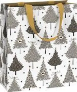 Sac à cadeaux blanc avec sapins argent moyen modèle Pictura