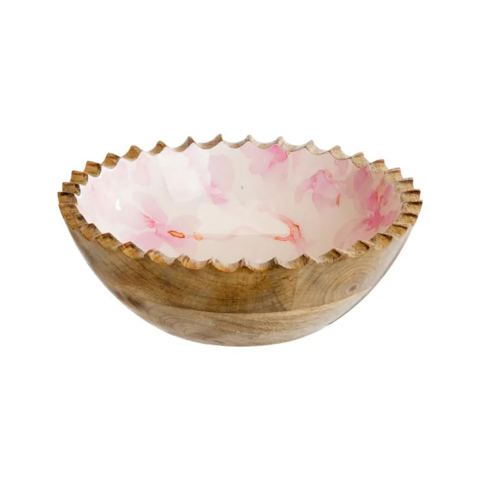 Saladier en bois de manguier intérieur décor cerisier rose - Ø 20 x H 7 cm