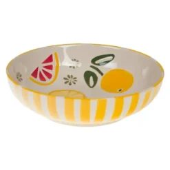 Saladier en grès à rayures jaunes et motif fruits Zestine - Ø 28 x H 7,5 cm