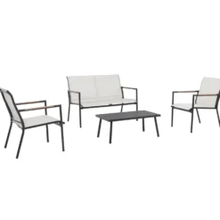 Salon de jardin en acier coloris gris Mimosa - 4 éléments (canapé, table basse et deux fauteuils)