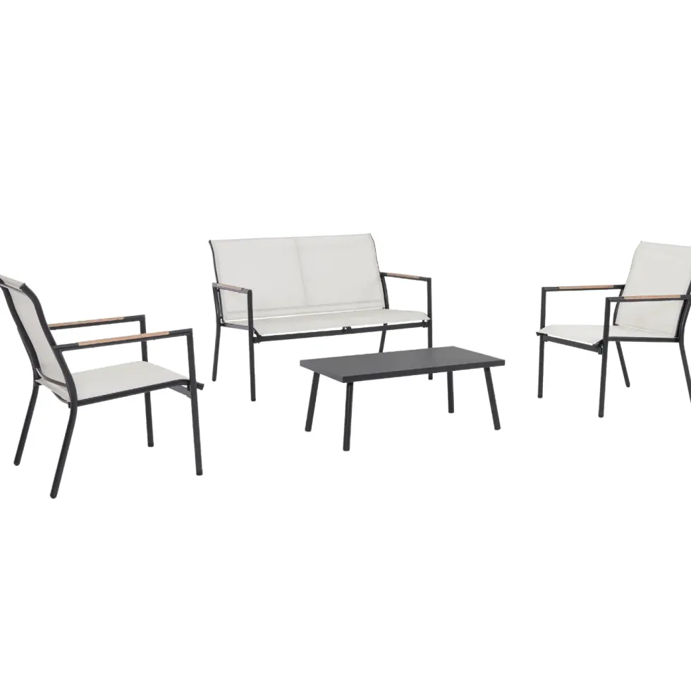 Salon de jardin en acier coloris gris Mimosa - 4 éléments (canapé, table basse et deux fauteuils)
