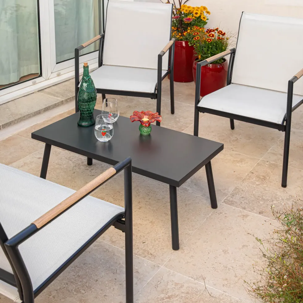 Salon de jardin en acier coloris gris Mimosa - 4 éléments (canapé, table basse et deux fauteuils)