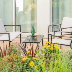 Salon de jardin en acier coloris gris Mimosa - 4 éléments (canapé, table basse et deux fauteuils)