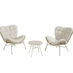 Salon de jardin en acier et résine tressée coloris beige Hosta II - 3 éléments (table basse et deux fauteuils)