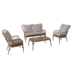Salon de jardin en aluminium coloris taupe Linho - 4 éléments (canapé, table basse et deux fauteuils)