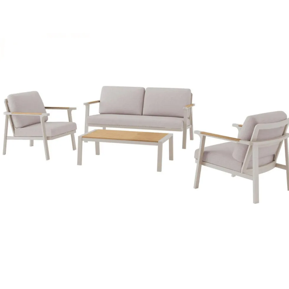 Salon de jardin en aluminium coloris crème et bois Jade - 4 éléments (canapé, table basse et deux fauteuils)