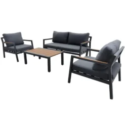 Salon de jardin en aluminium coloris anthracite Games - 4 éléments (canapé, table basse et deux fauteuils)