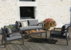 Salon de jardin en aluminium coloris anthracite Games - 4 éléments (canapé, table basse et deux fauteuils)