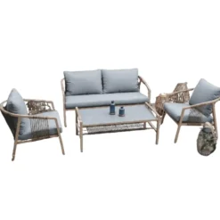 Salon de jardin en aluminium et résine tressée coloris gris clair Kanto - 4 éléments (canapé, table basse et deux fauteuils)