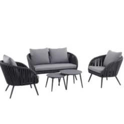 Salon de jardin en corde coloris gris Cordo - 5 éléments (canapé, deux tables basses et deux fauteuils)