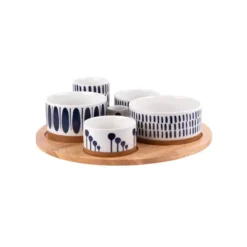 Service apéritif en porcelaine multicolore Mikonos - 1 Plateau en bois et 6 coupelles