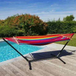 Set support et hamac MetaliK coloris multicolore Fortaleza en métal et polypropylène Jobek Hamacs - 300 x 140 x 95 cm