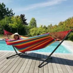 Set support et hamac MetaliK coloris multicolore Fortaleza en métal et polypropylène Jobek Hamacs - 300 x 140 x 95 cm