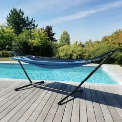 Set support et hamac MetaliK coloris bleu Caraïbes en métal et polypropylène certifié FSC®Jobek Hamacs - 300 x 140 x 95 cm