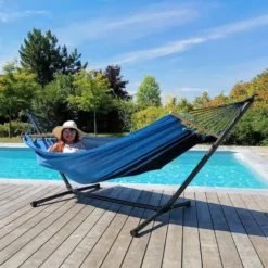 Set support et hamac MetaliK coloris bleu Caraïbes en métal et polypropylène certifié FSC®Jobek Hamacs - 300 x 140 x 95 cm