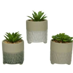 Succulentes artificielles coloris vert avec pot en béton - 6,5 x 9 cm