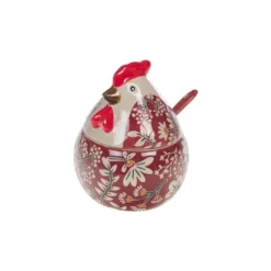 Sucrier en grès rouge et blanc forme Poule Adèle - 15 x 12 x 12 cm