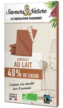 Tablette de chocolat au lait 40% bio Saveur et Nature - 80 g