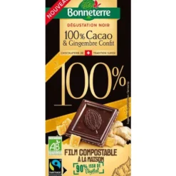 Tablette de chocolat 100 % cacao et gingembre confit bio Bonneterre - 90 g