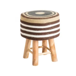 Tabouret rond rayé blanc/marron/jaune en osier tressé et bois - 33 x 33 x 42 cm