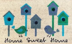 Tapi brosse coco beige imprimé maisons à oiseaux bleu Sweetsol - 75 x 45 cm
