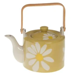 Théière avec infuseur en grès jaune à fleurs et anse bambou Daisy - 19 x 18 x 12 cm