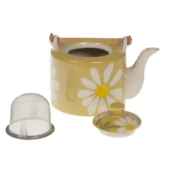 Théière avec infuseur en grès jaune à fleurs et anse bambou Daisy - 19 x 18 x 12 cm
