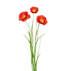 Tige de pavot artificiel 3 fleurs rouge et herbe - 68 cm