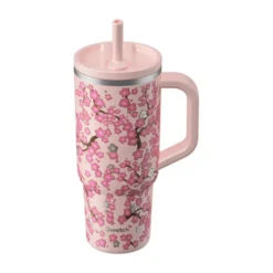 Travel cup isotherme en inox à motifs fleurs rose pastel avec bouchon étanche Qwetch - 900 ml