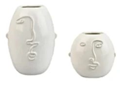 Vase en céramique décor visage coloris blanc grand modèle - 12 x 16,5 x 16 cm