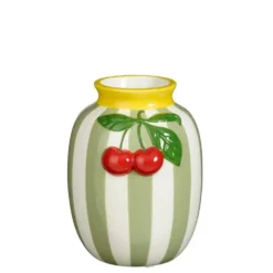 Vase rayé blanc et vert clair avec cerise - 13 x 12 x 15,5 cm
