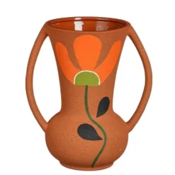 Vase terracotta à motif fleur orange Wally - 17,5 x 12 x 20 cm